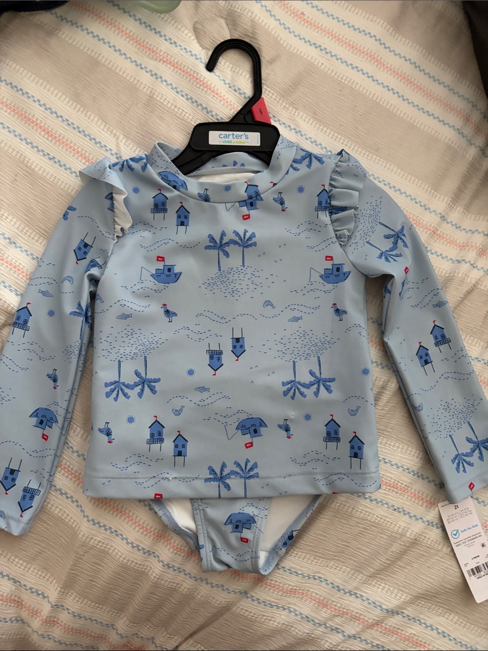 Carter's Light Blue Girls' Long-Sleeve Rashguard Set with Coastal Print